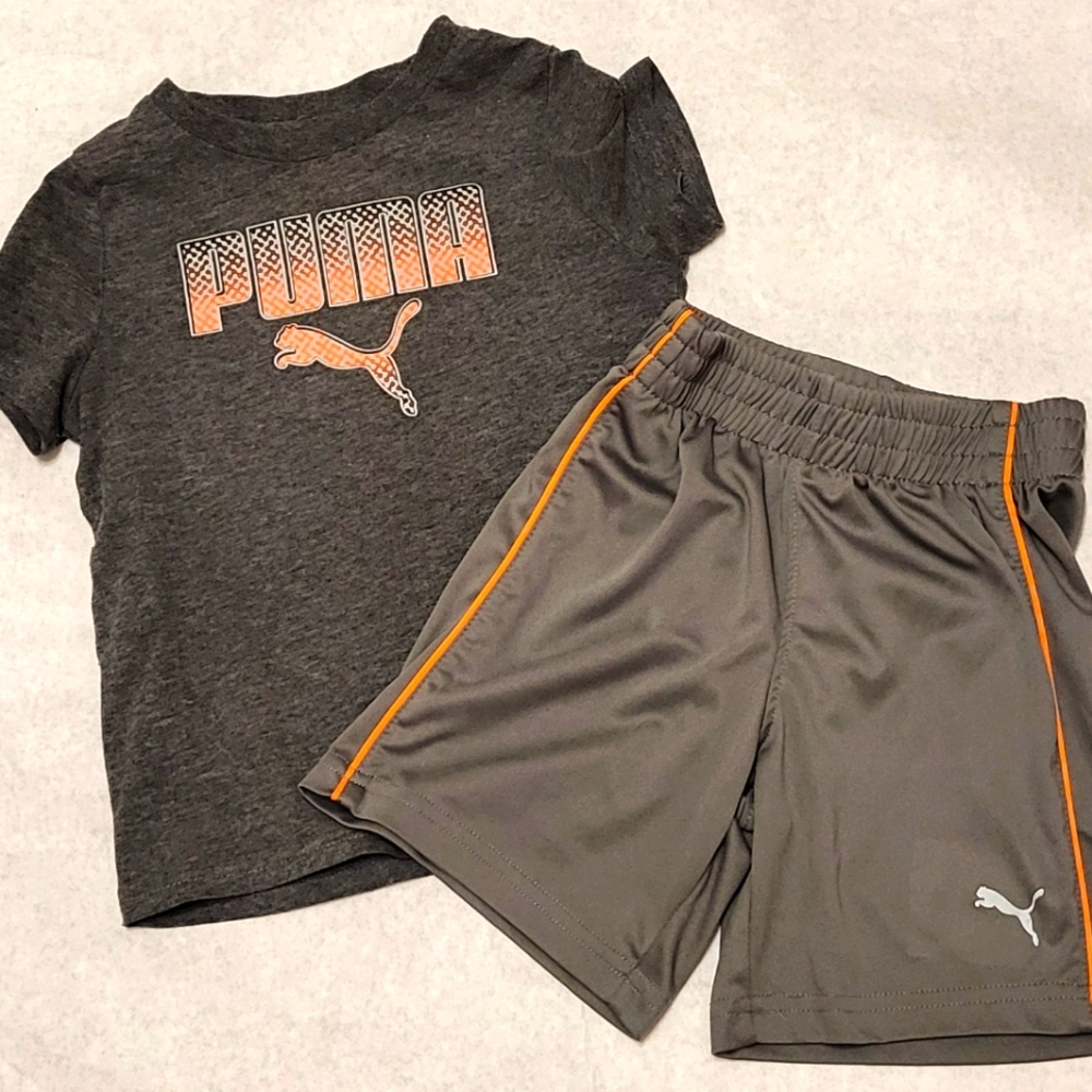 Puma grey/orange tee shirt and shorts